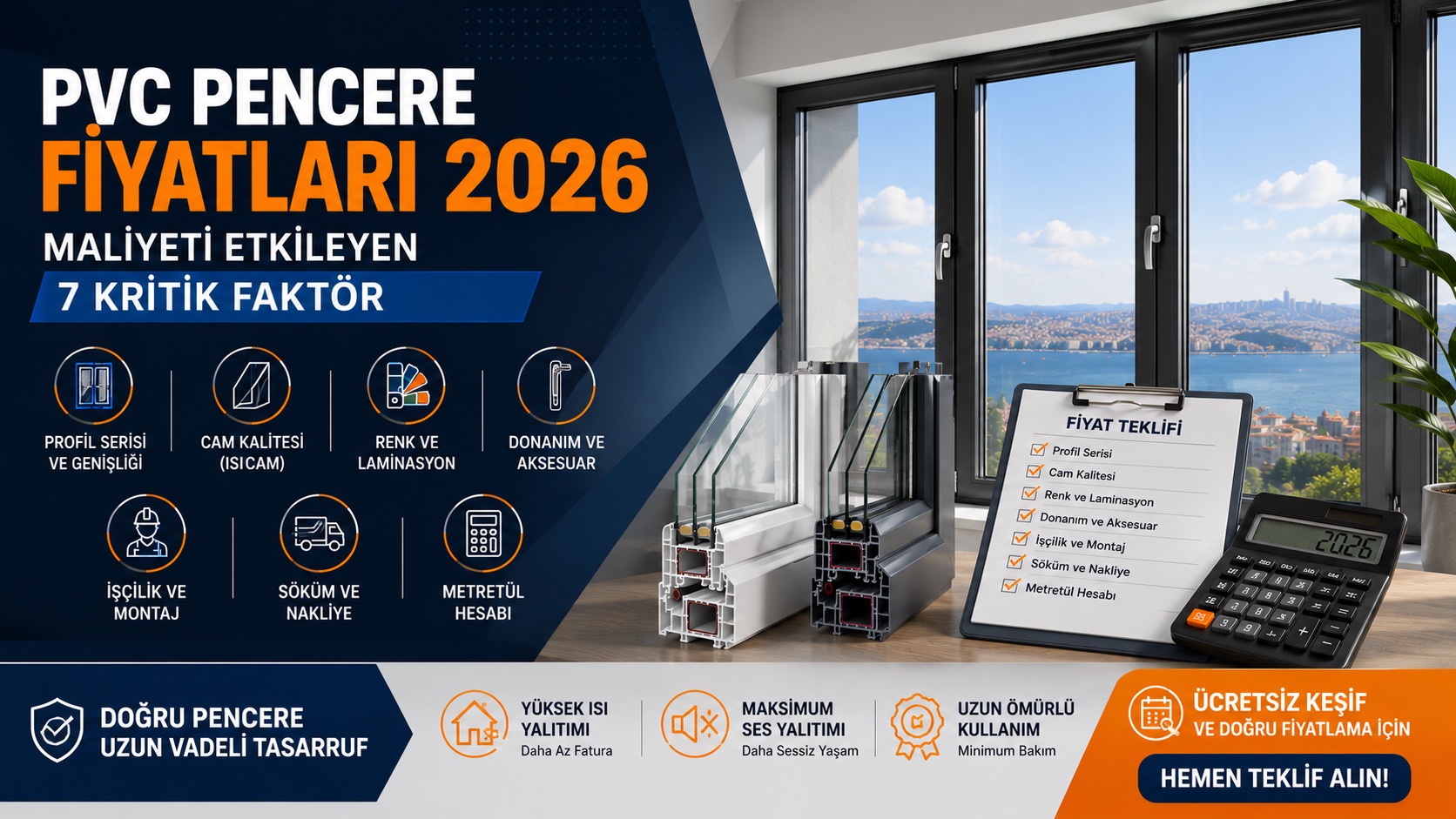 PVC pencere fiyatları yalnızca metretül hesabına göre belirlenmez. Profil serisi, cam kalitesi, renk seçimi, aksesuar donanımı, montaj işçiliği ve söküm işlemleri toplam maliyeti doğrudan etkiler.