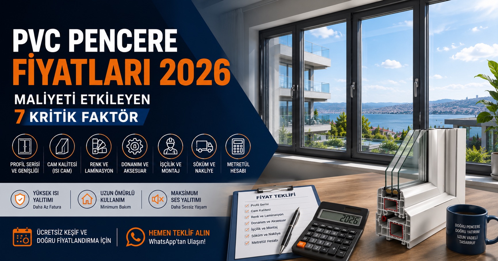 PVC pencere fiyatları yalnızca metretül hesabına göre belirlenmez. Profil serisi, cam kalitesi, renk seçimi, aksesuar donanımı, montaj işçiliği ve eski pencere sökümü toplam maliyeti doğrudan etkiler. Bu rehberde 2026 PVC pencere fiyatlarını etkileyen 7 temel faktörü açıklıyoruz.
