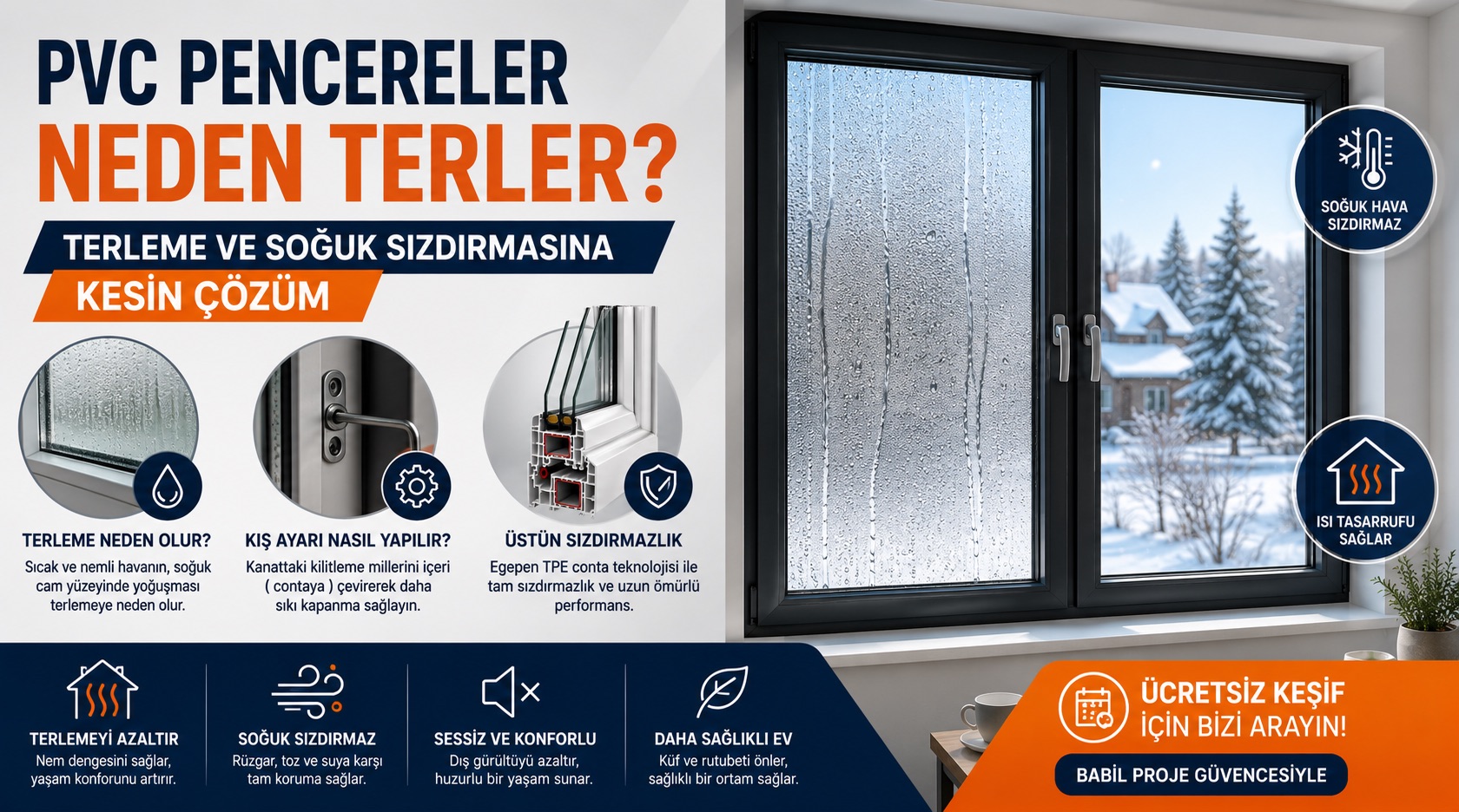 PVC pencere terlemesi, cam buğulanması ve soğuk hava sızdırması neden olur? Kış ayarı, conta ve yalıtım çözümlerini Babil Proje anlatıyor.